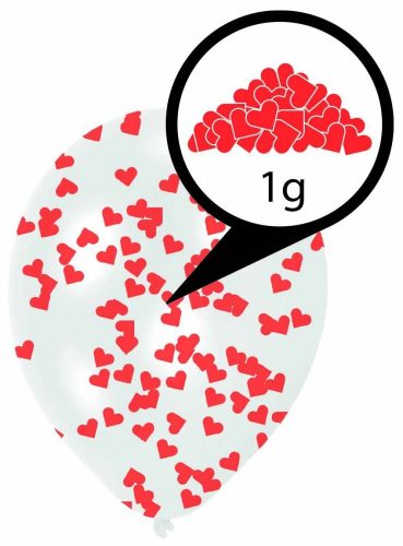 Szív konfettivel Hearts töltött léggömb, lufi 6 db-os 11 inch (27,5 cm)