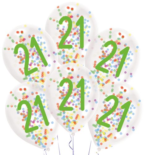 Happy Birthday 21 Droplets konfettivel töltött léggömb, lufi 6 db-os 11 inch (27,5 cm)