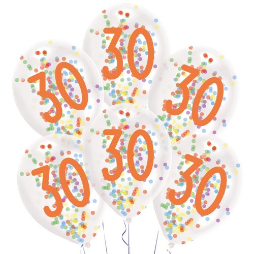 Happy Birthday 30 Droplets konfettivel töltött léggömb, lufi 6 db-os 11 inch (27,5 cm)