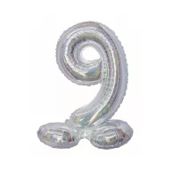   Ezüst Holographic Silver 9-es szám fólia lufi talppal 72 cm