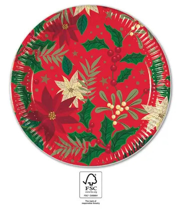 Karácsonyi Holly Poinsettia papírtányér 8 db-os 23 cm FSC